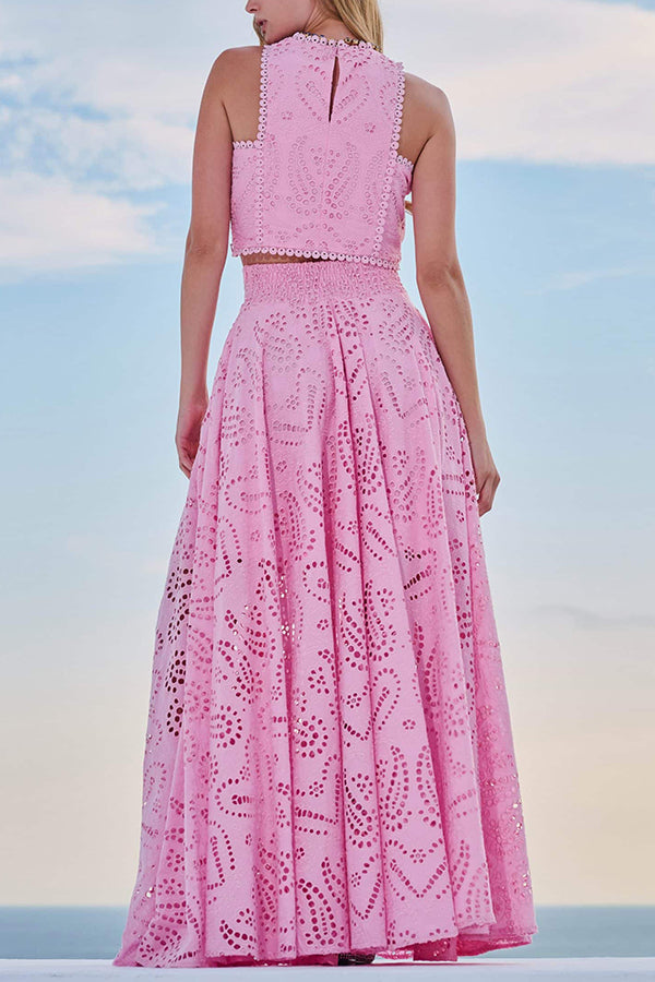 Embroidered Two-Piece Set with Long High-Waist Pocket Skirt
