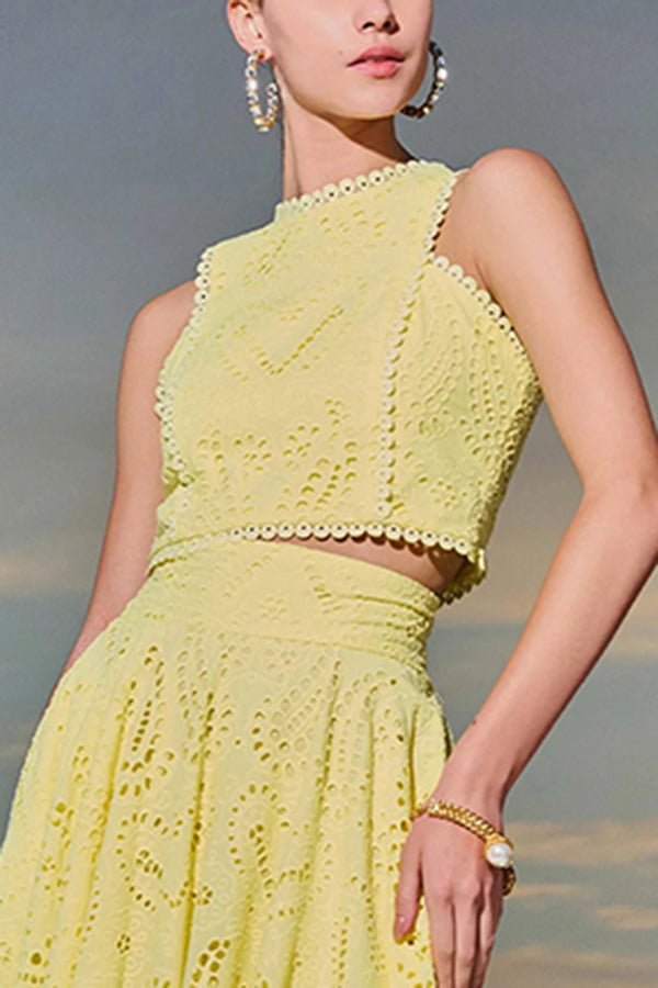 Embroidered Two-Piece Set with Long High-Waist Pocket Skirt