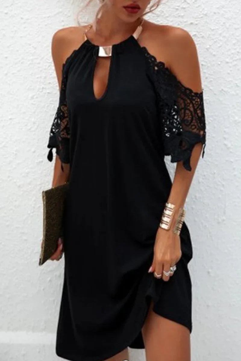 Naila Solid Lace Dress with Metal Accents