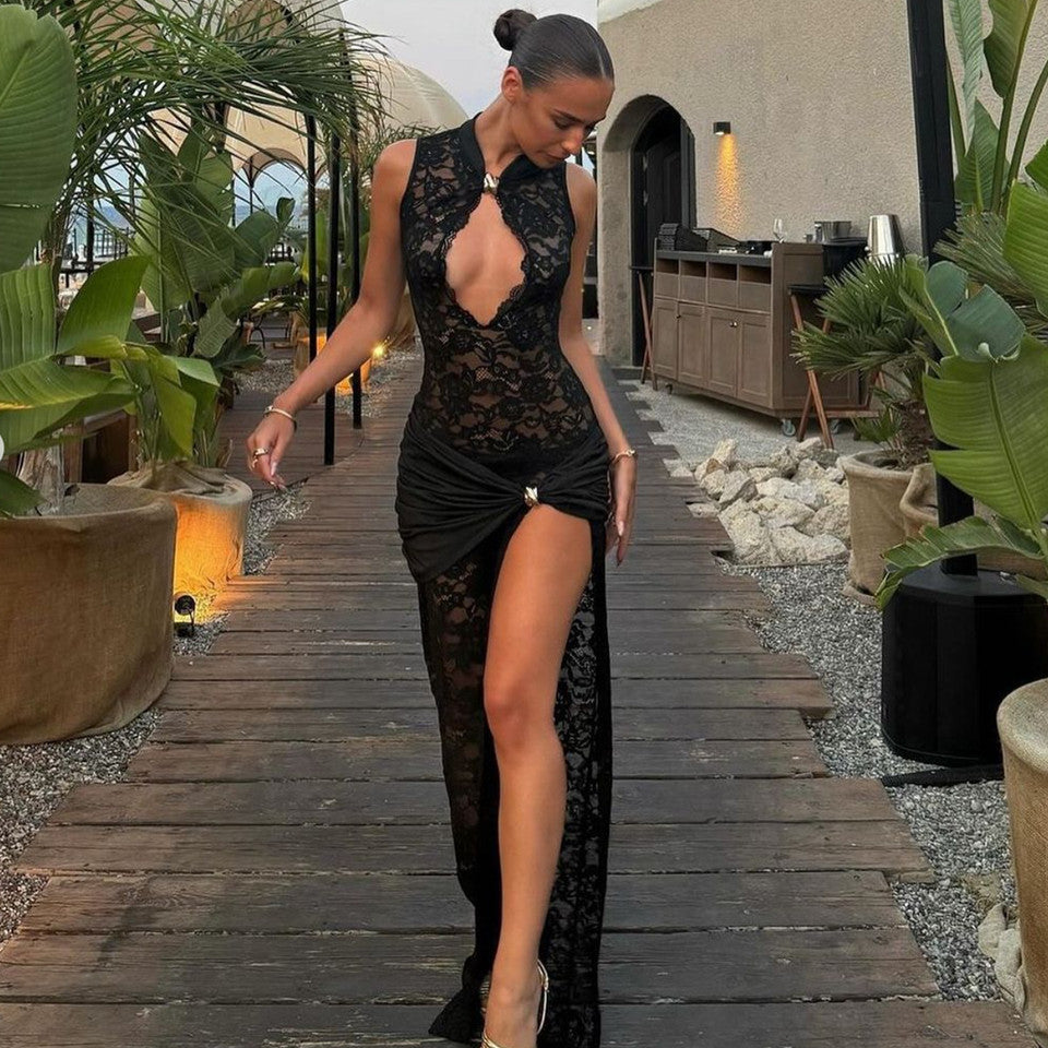 Talina High-Slit Lace Maxi Dress with Gold Accents