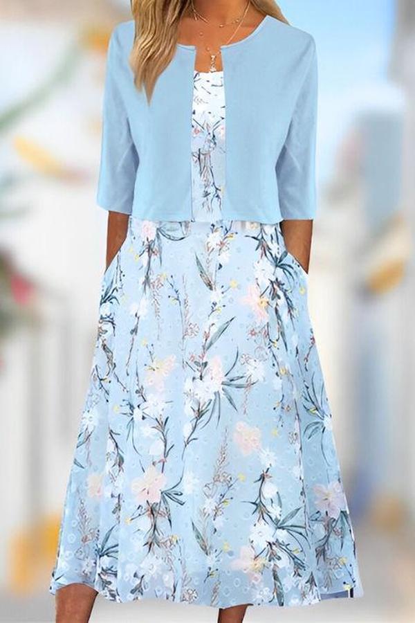 Blue Botanical Print Midi Dress and Jacket Set