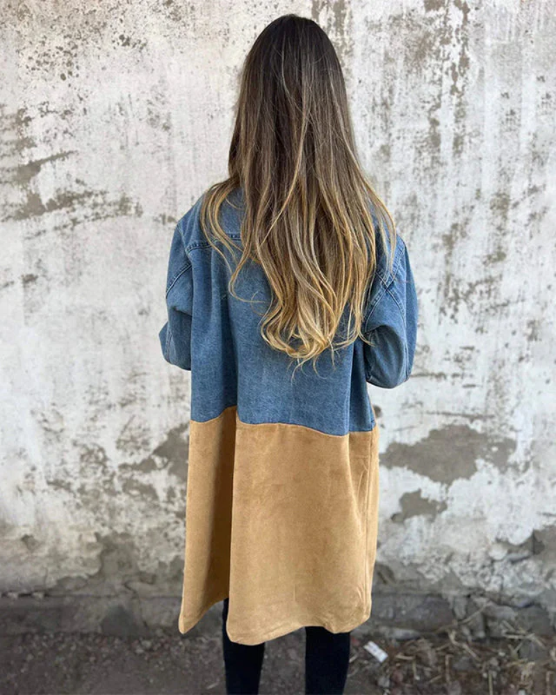 Concetta Denim and Faux Leather Tailored Outerwear Coat