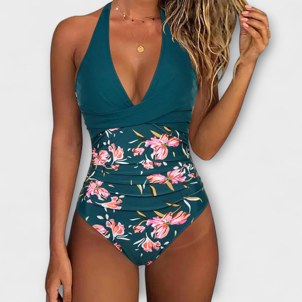 V-Neck One-Piece Swimsuit with Vintage Style