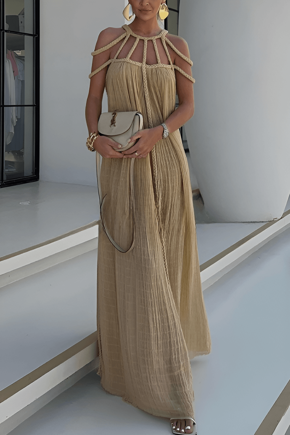 Pleated Maxi Dress with Cord-Detail Neckline
