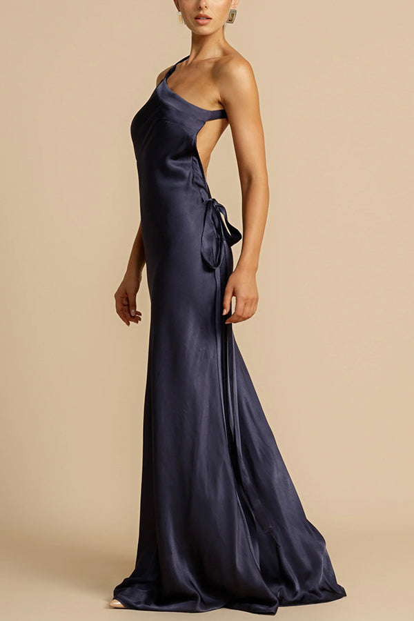 Asymmetric One-Shoulder Satin Gown with Open Back