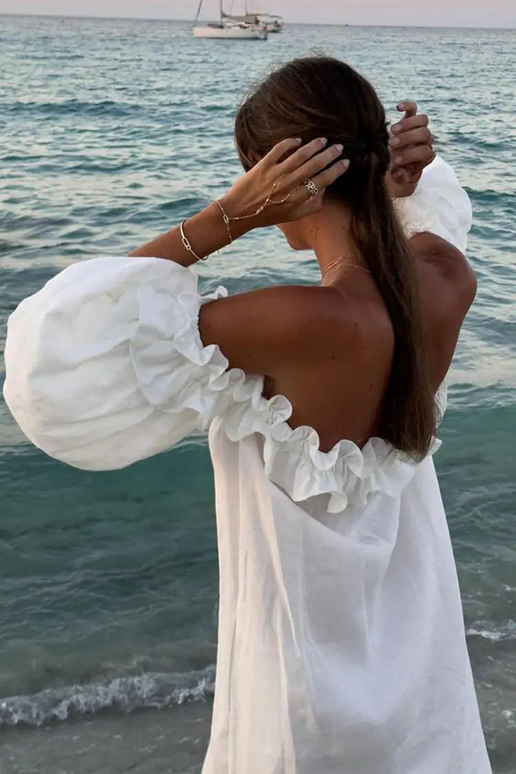 Off-Shoulder Ruffle Midi Dress with Puff Sleeves