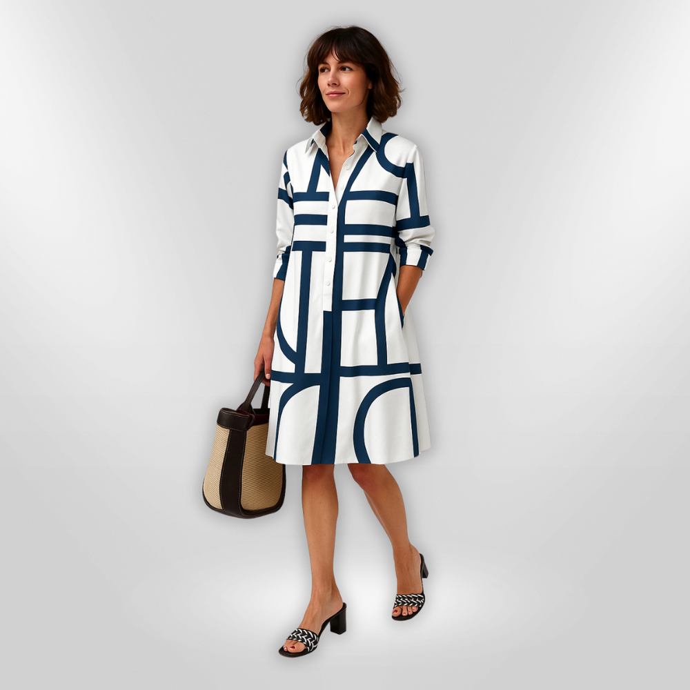 VanDeZaar Geometric-Print Shirt Collar Midi Dress