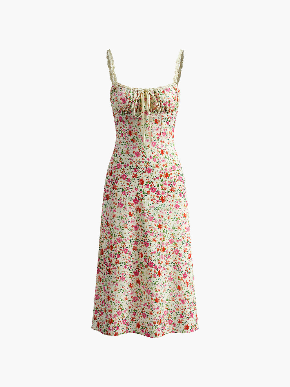 Floral Print Sleeveless Midi Dress with Lace Detail
