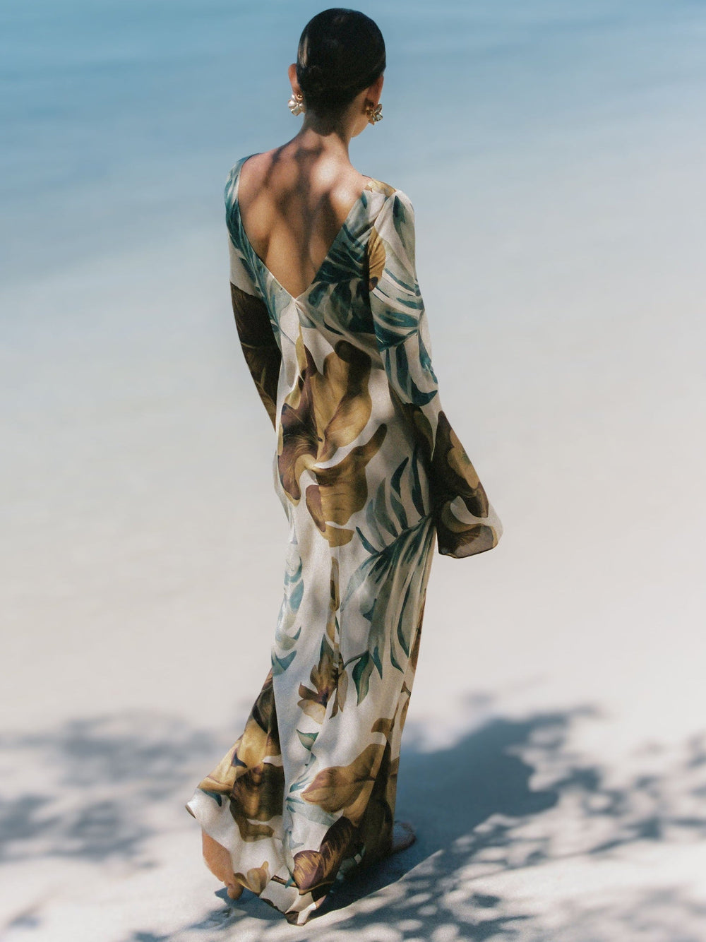 Botanical Print Puff-Sleeve Lined Maxi Dress for Events