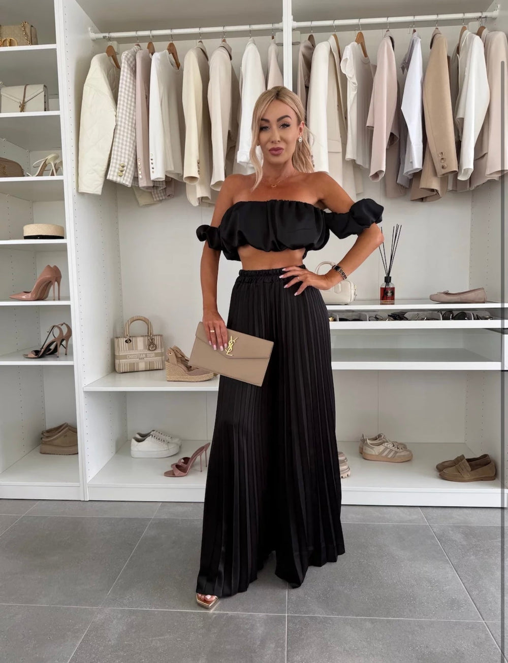 Jorie Off-Shoulder Pleated Wide-Leg Set