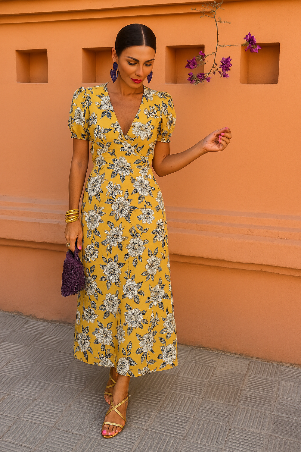 Zoé Printed Midi V-Neck Dress