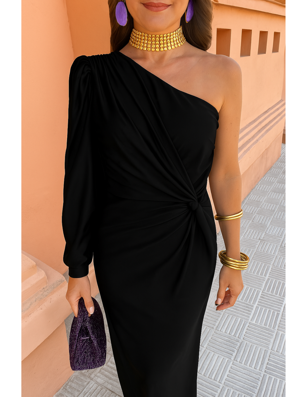 Elisa Long-Sleeve One-Shoulder High-Slit Maxi Dress