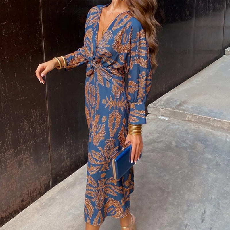 Janella Vintage Draped Midi Dress with Long Sleeves