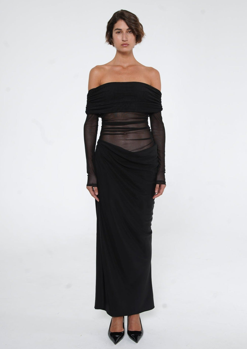 Lydia Ruched Mesh Off-Shoulder Draped-Back Maxi Dress