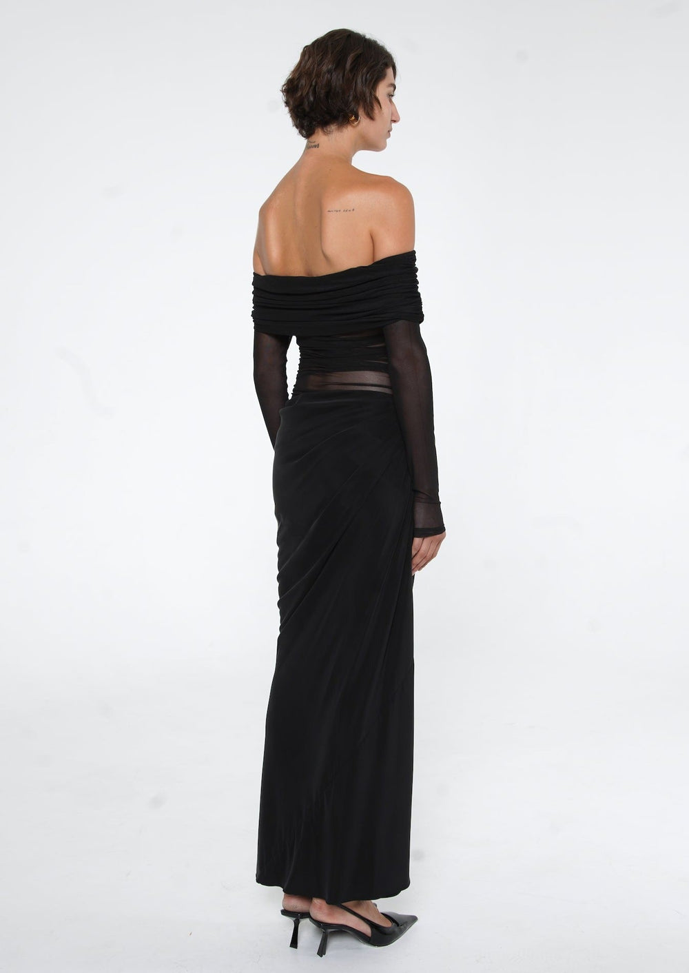 Lydia Ruched Mesh Off-Shoulder Draped-Back Maxi Dress