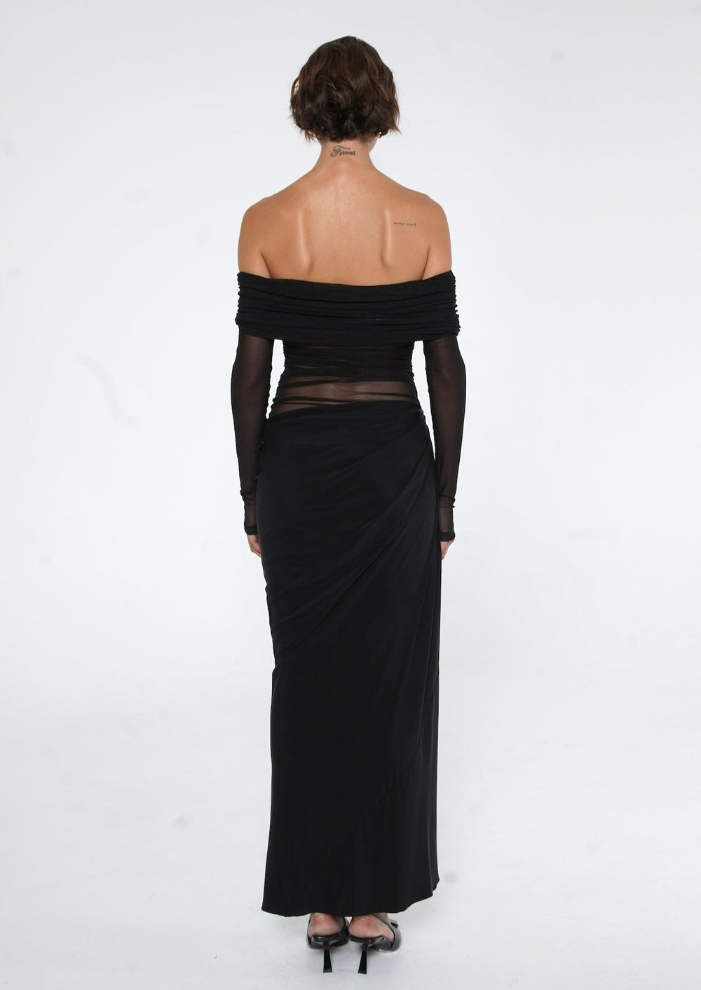 Lydia Ruched Mesh Off-Shoulder Draped-Back Maxi Dress