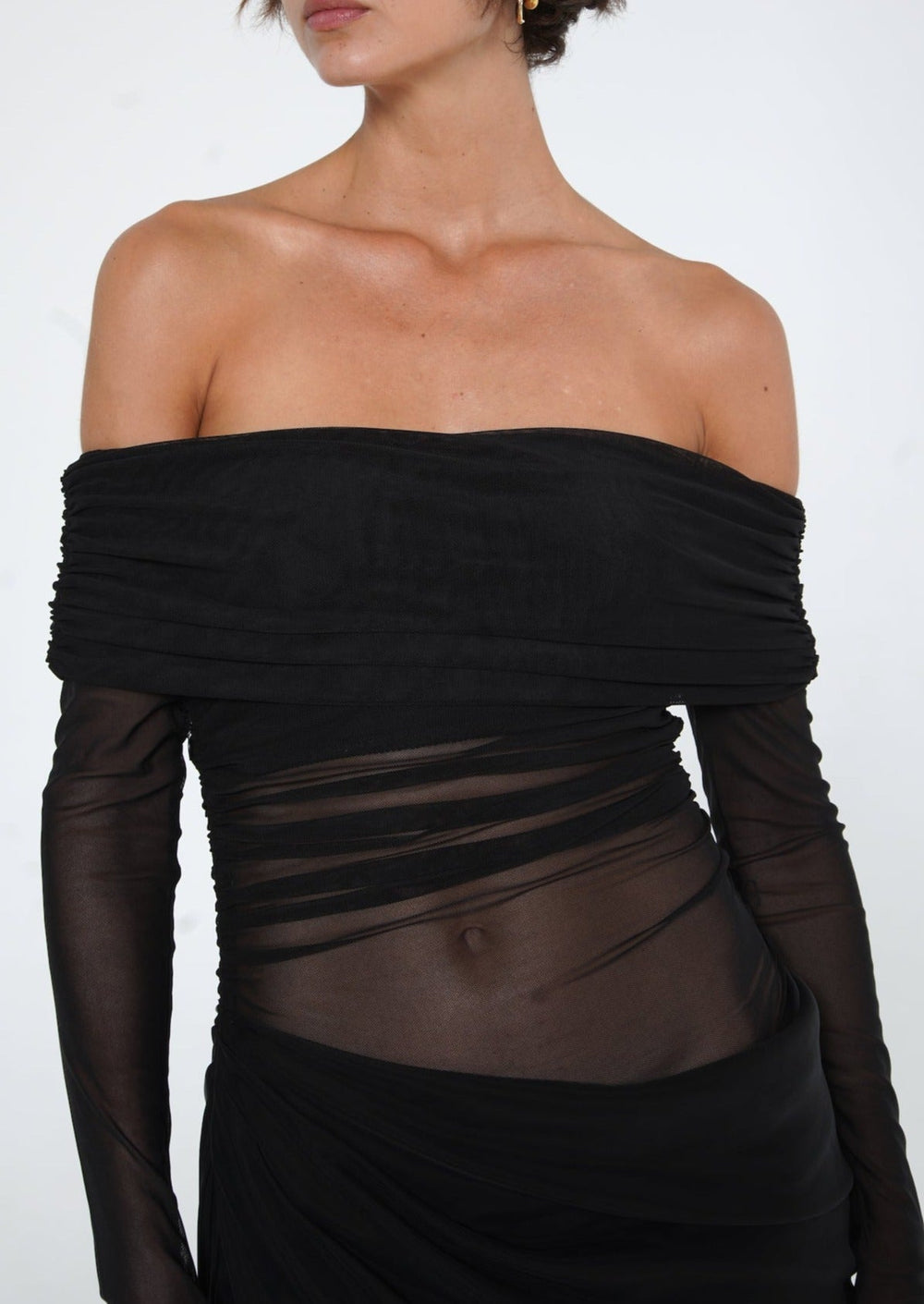 Lydia Ruched Mesh Off-Shoulder Draped-Back Maxi Dress