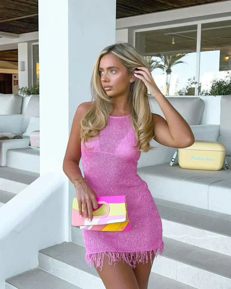 Delilah Fringe Patchwork Cutout Mini Dress