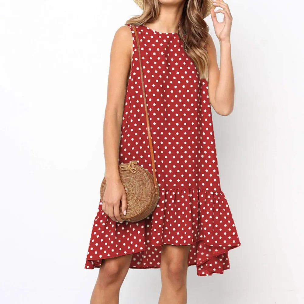 Roan Playful Polka-Dot Ruffle Chiffon Summer Dress