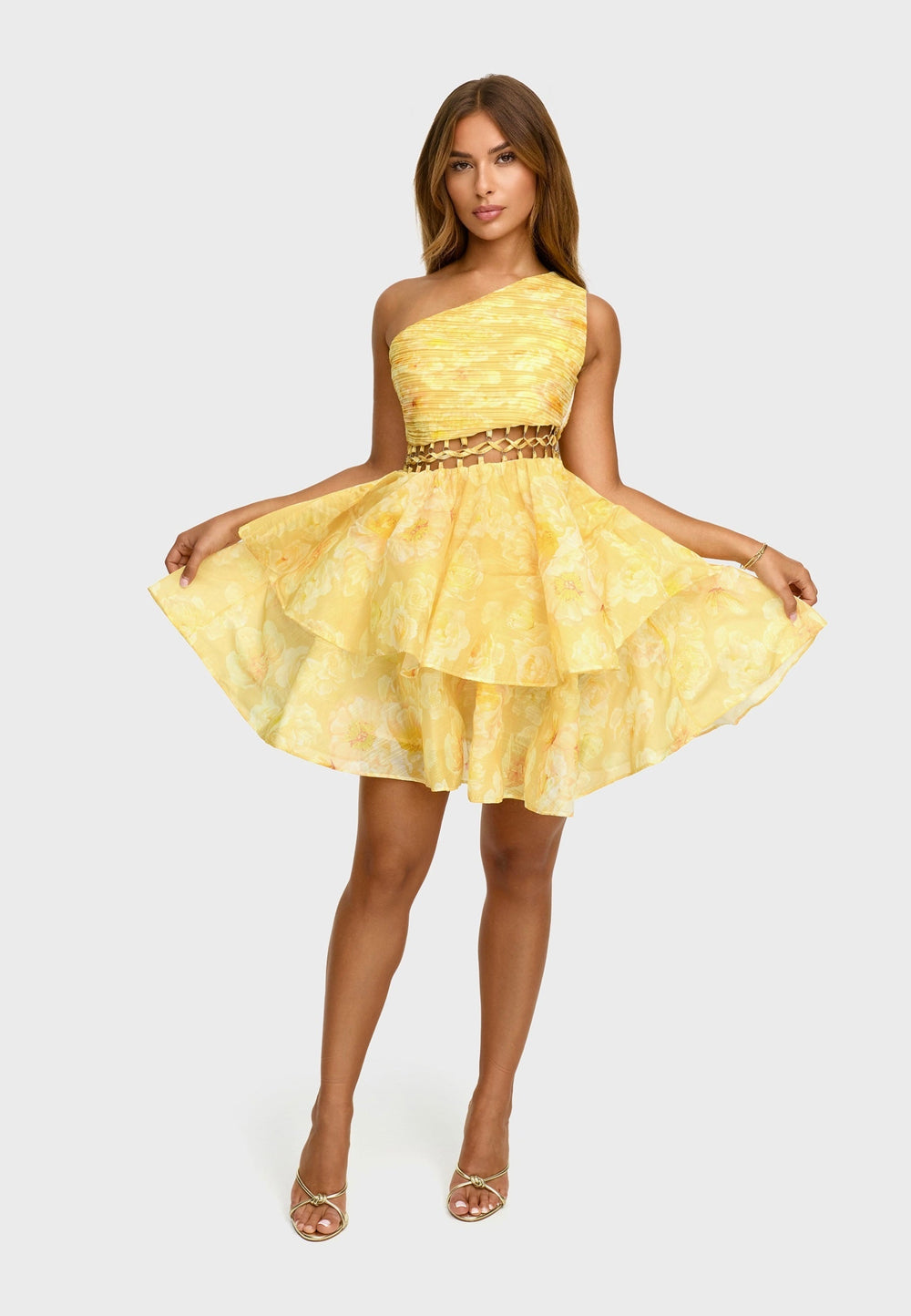 Sylvabelle Asymmetric Ruffle Floral Mini Dress