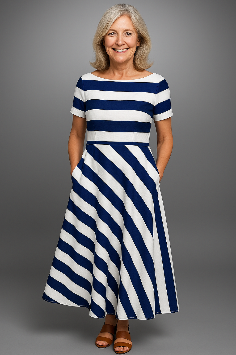 Bellamy Striped Stretch Artisan Pattern Midi Dress