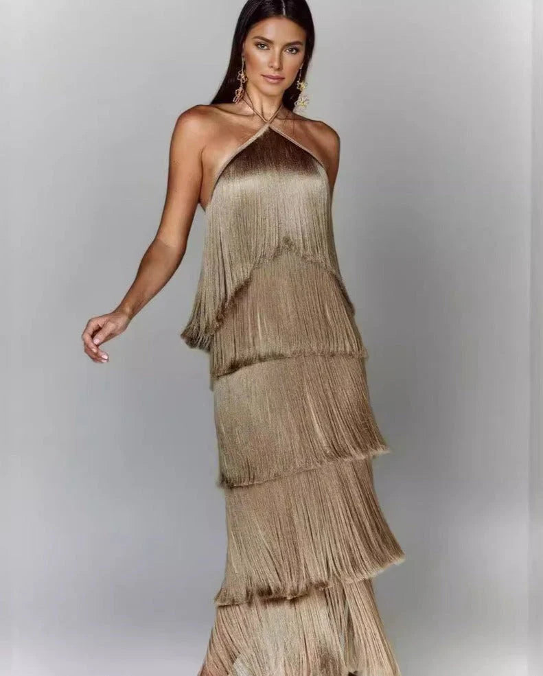 Adena Tassel-Trim Halter Maxi Dress