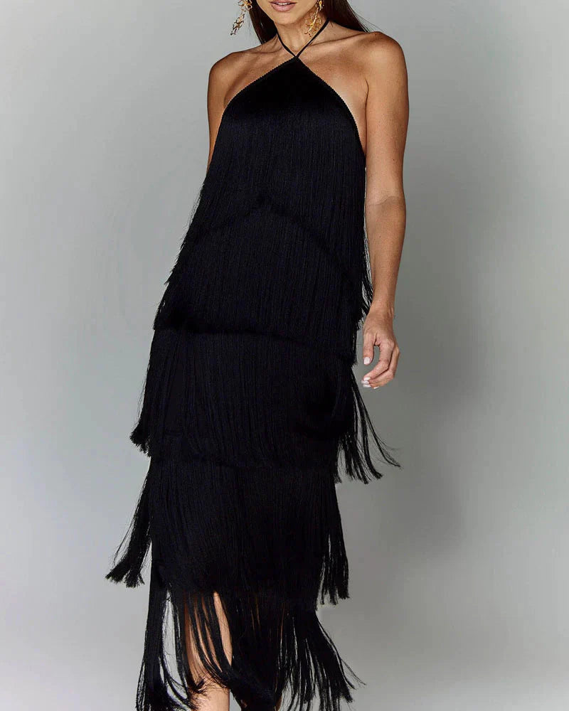 Adena Tassel-Trim Halter Maxi Dress