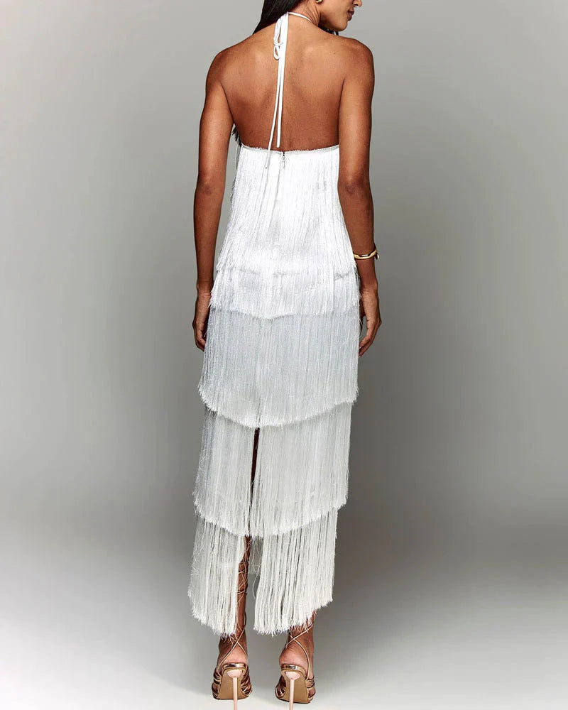 Adena Tassel-Trim Halter Maxi Dress