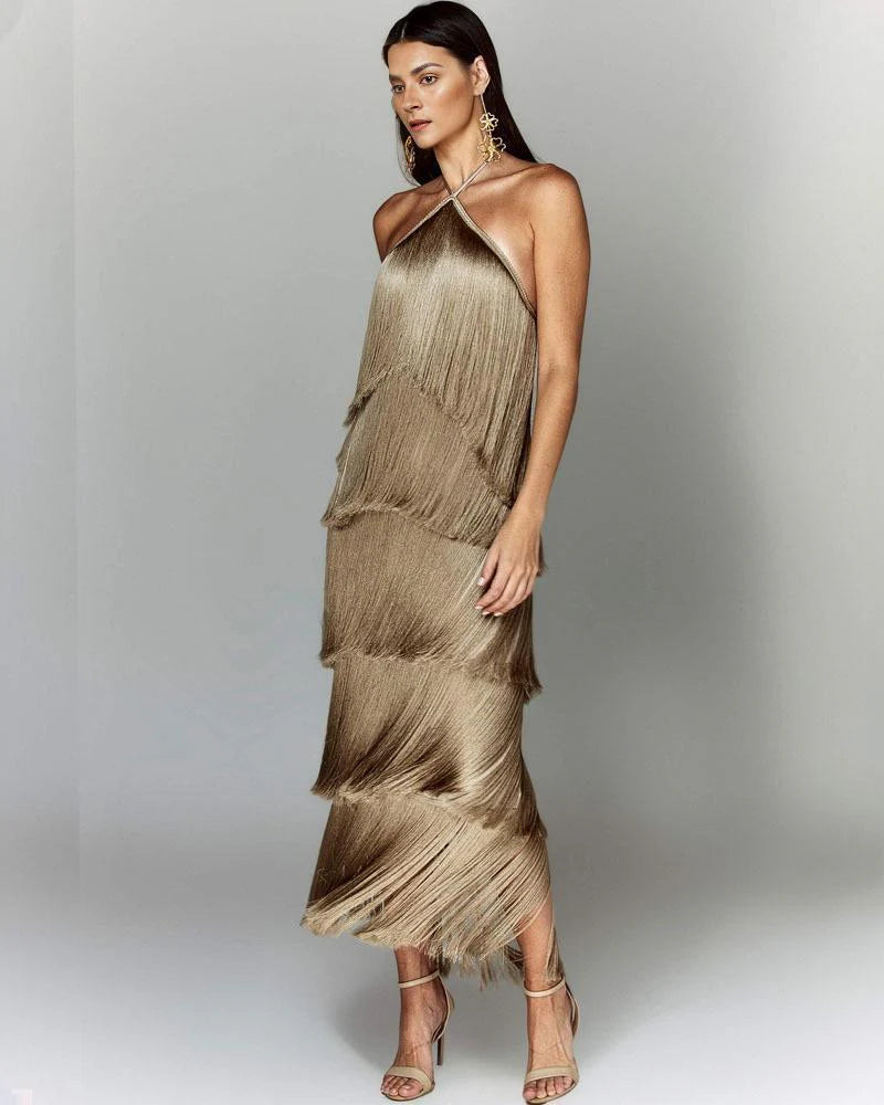 Adena Tassel-Trim Halter Maxi Dress