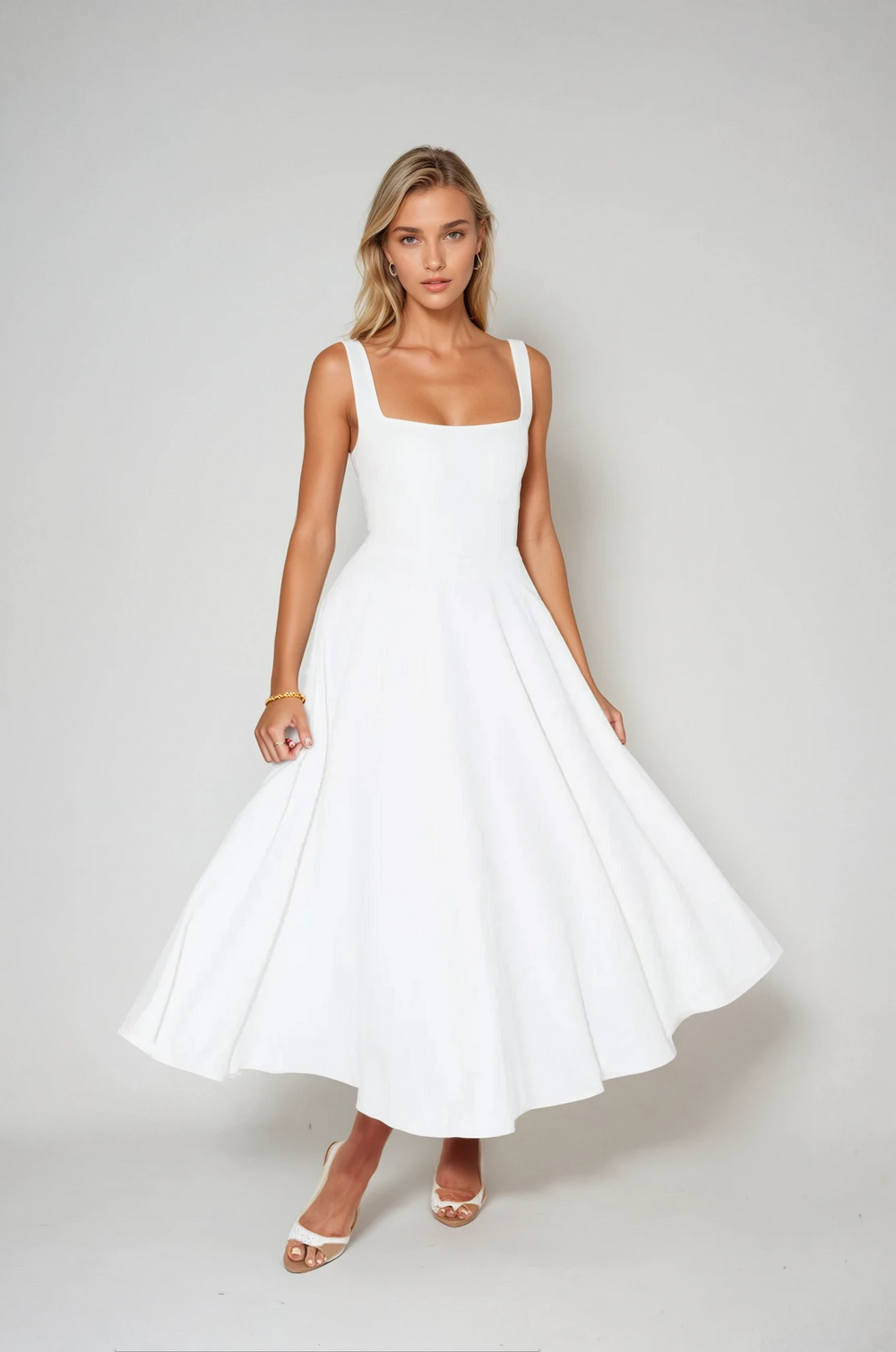 Yara-Belle High-Waist Square-Neck Midi Dress