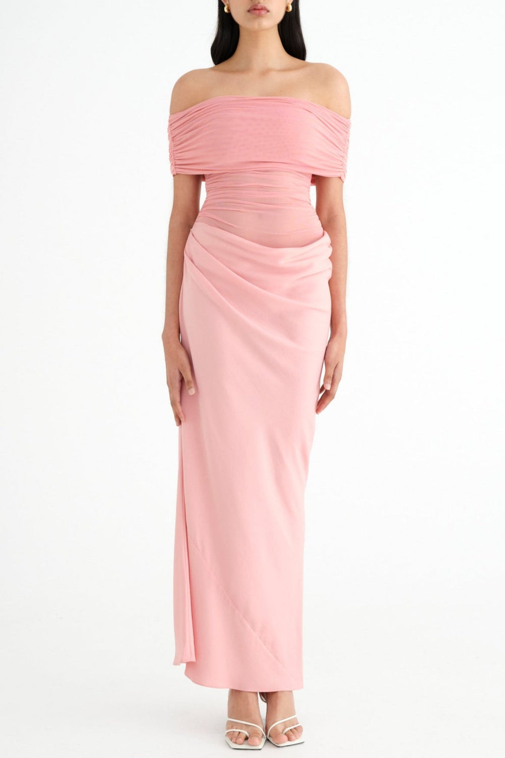 Lydia Ruched Mesh Off-Shoulder Draped-Back Maxi Dress