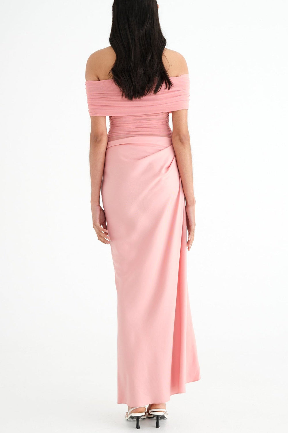Lydia Ruched Mesh Off-Shoulder Draped-Back Maxi Dress