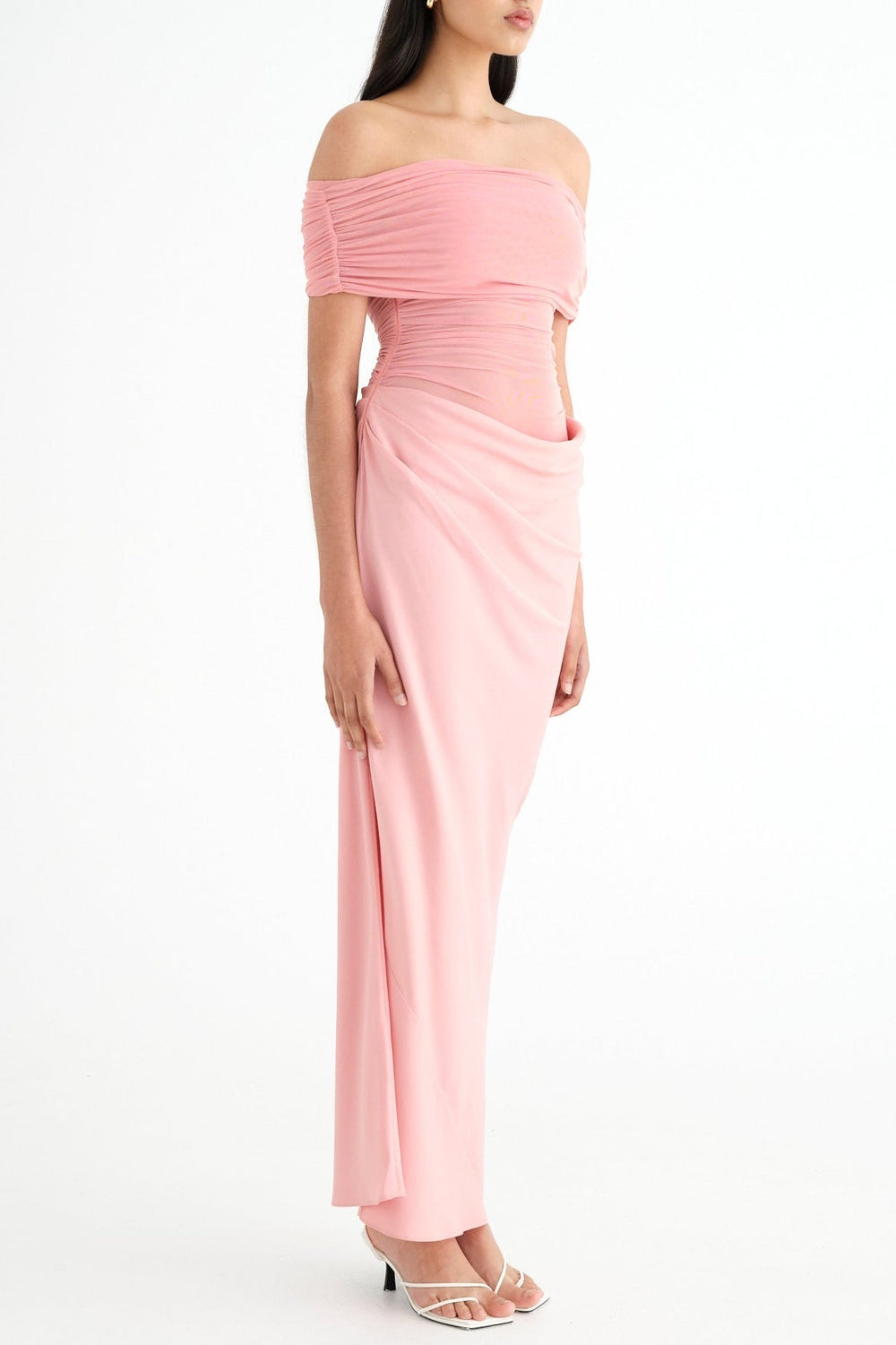 Lydia Ruched Mesh Off-Shoulder Draped-Back Maxi Dress