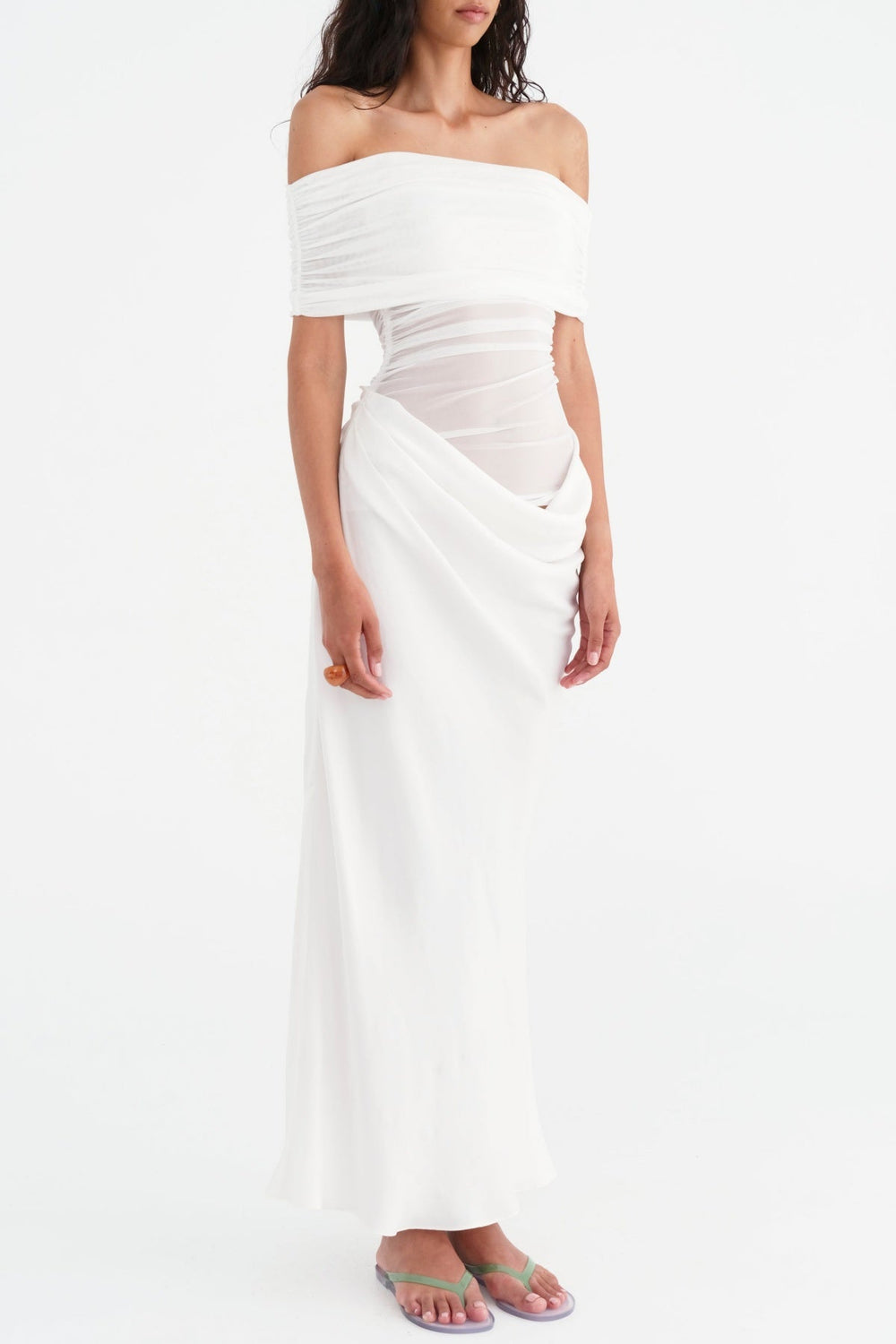 Lydia Ruched Mesh Off-Shoulder Draped-Back Maxi Dress
