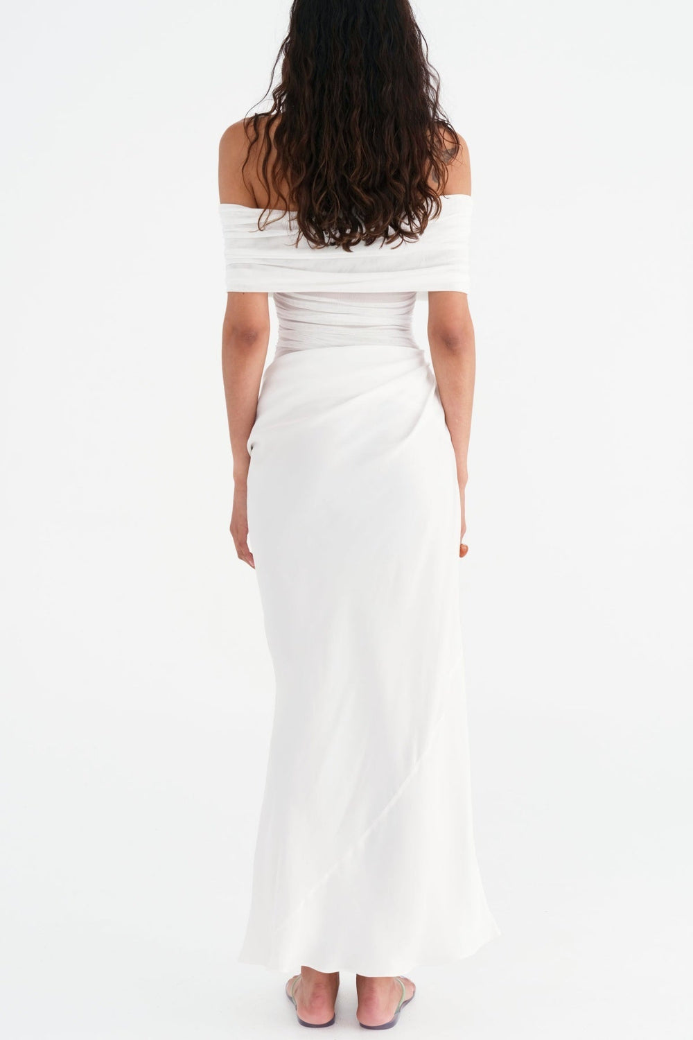 Lydia Ruched Mesh Off-Shoulder Draped-Back Maxi Dress