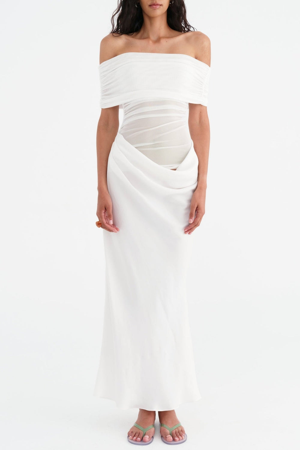 Lydia Ruched Mesh Off-Shoulder Draped-Back Maxi Dress