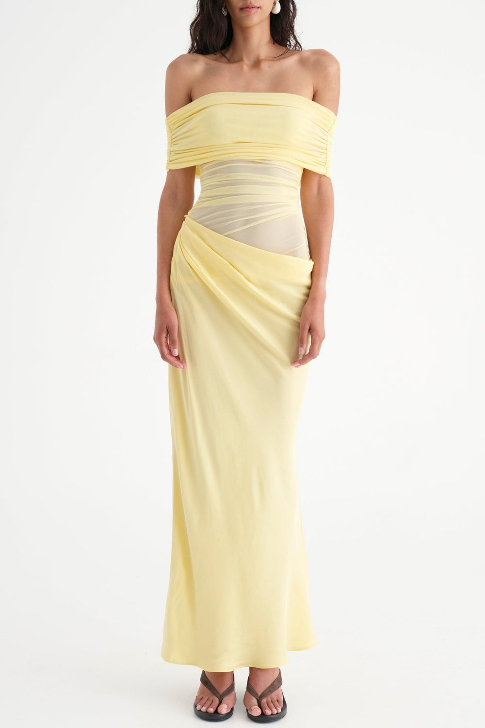Lydia Ruched Mesh Off-Shoulder Draped-Back Maxi Dress