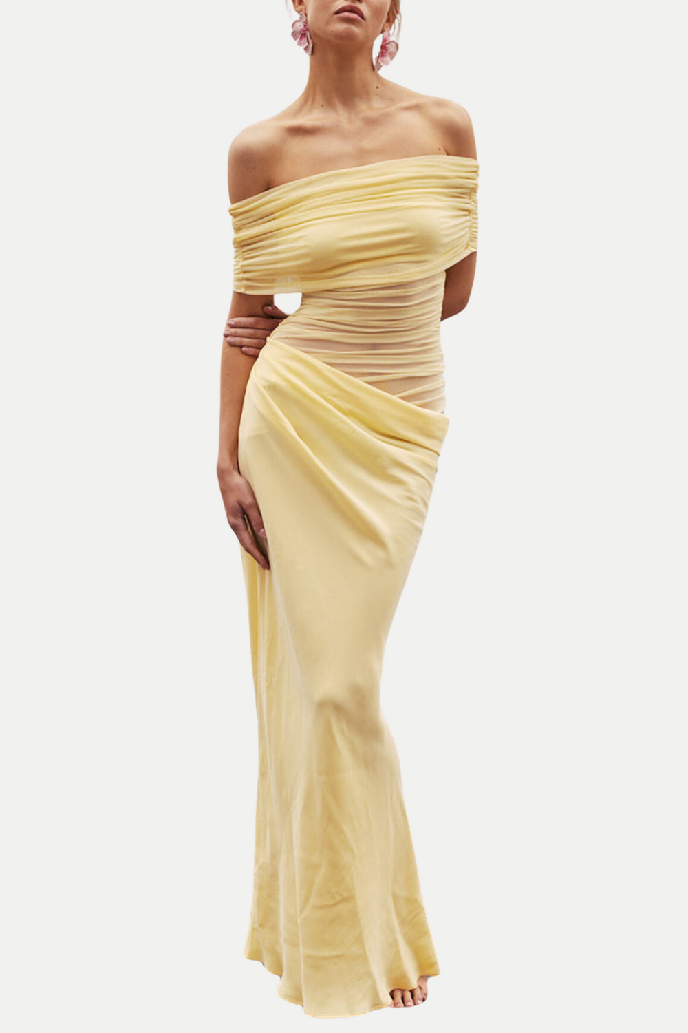 Lydia Ruched Mesh Off-Shoulder Draped-Back Maxi Dress