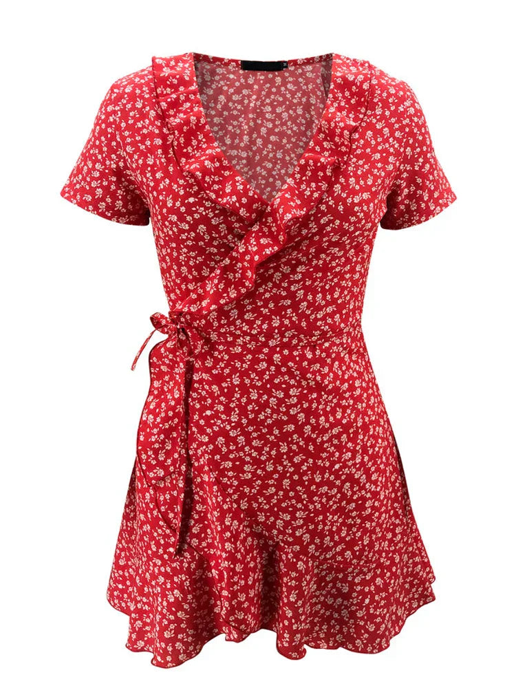 Mary Floral Ruffle V-Neck Mini Dress for Summer