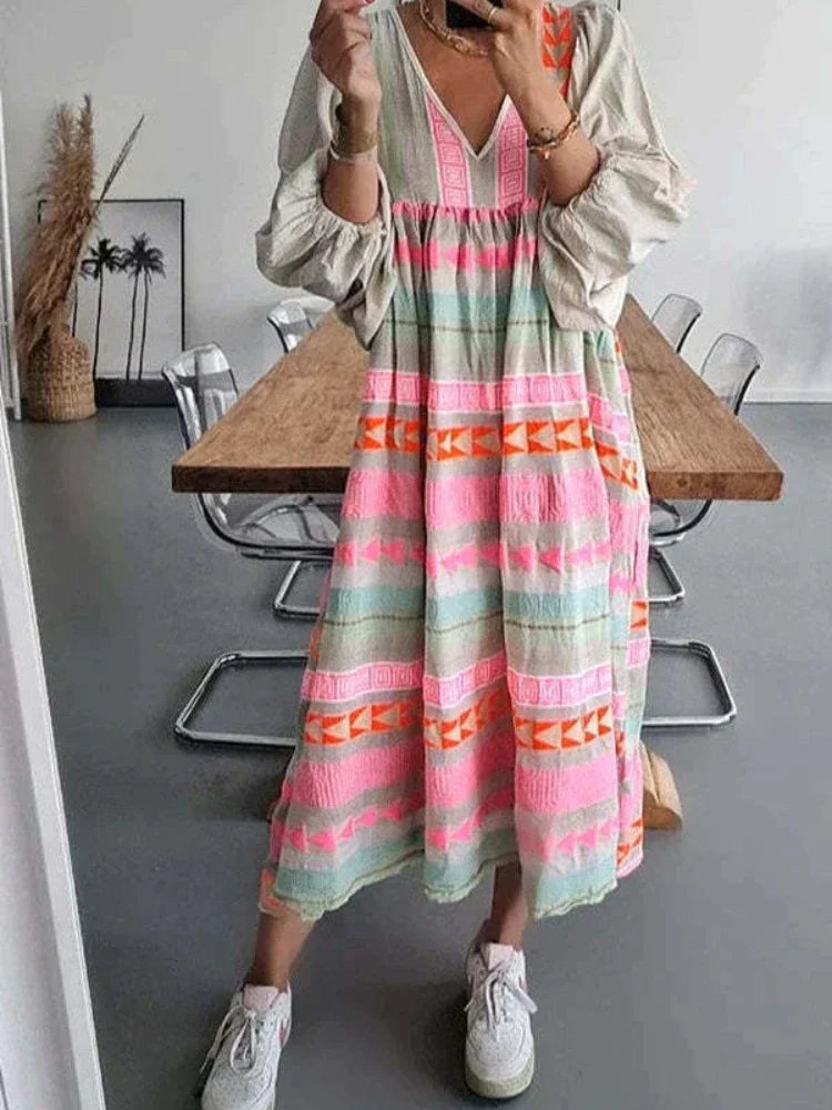 Cassandra Boho Print V-Neck Dress
