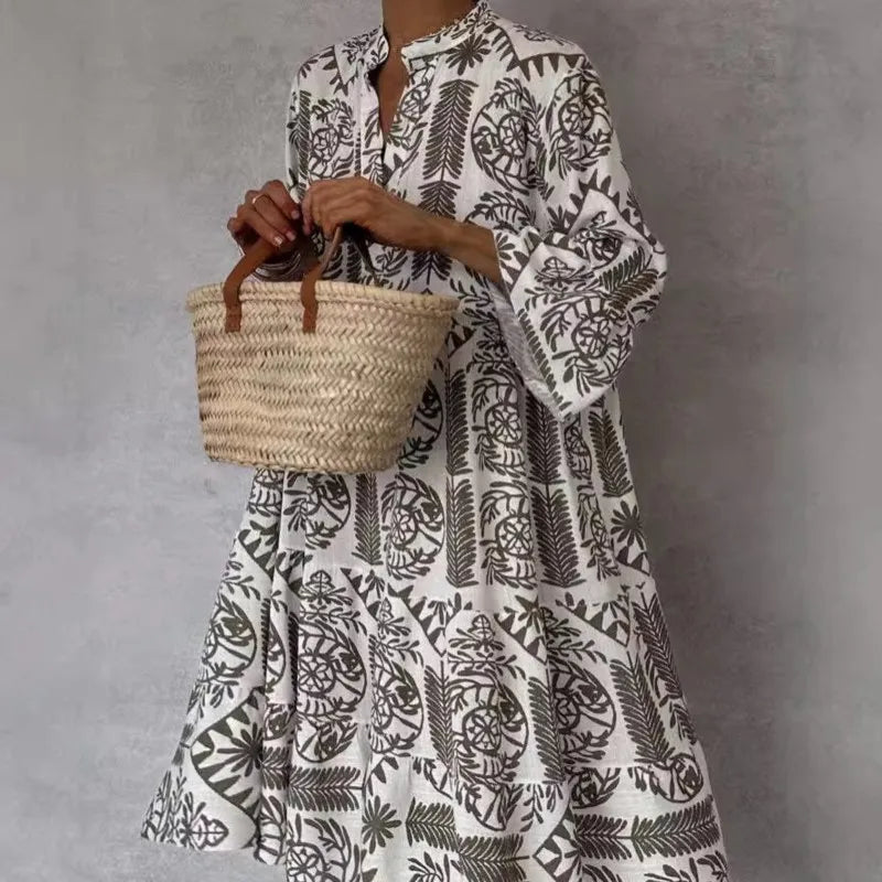 Adeline Printed A-Line Dress with V-Neck