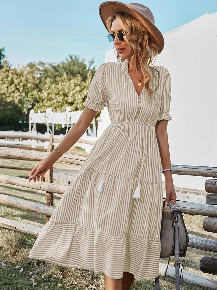 Maya Striped V-Neck Tassel Dress