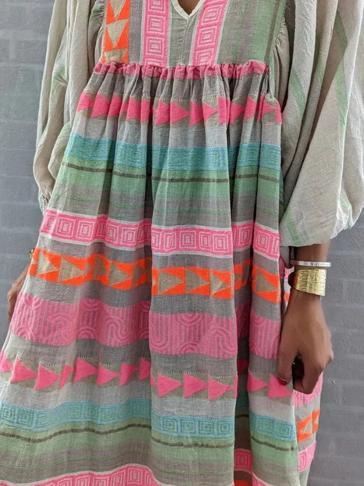 Cassandra Boho Print V-Neck Dress