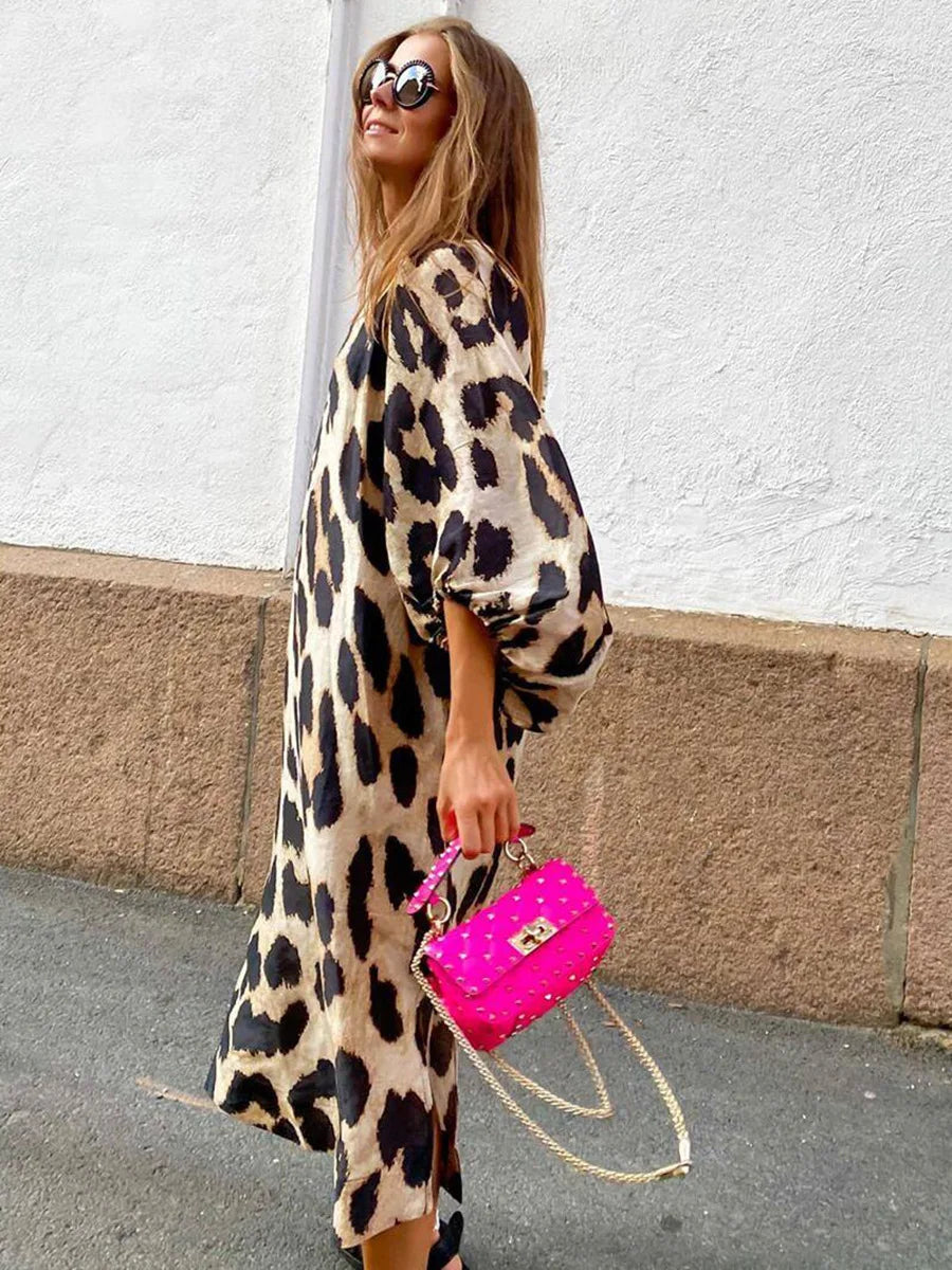 Zarina Leopard Print V-Neck Maxi Dress