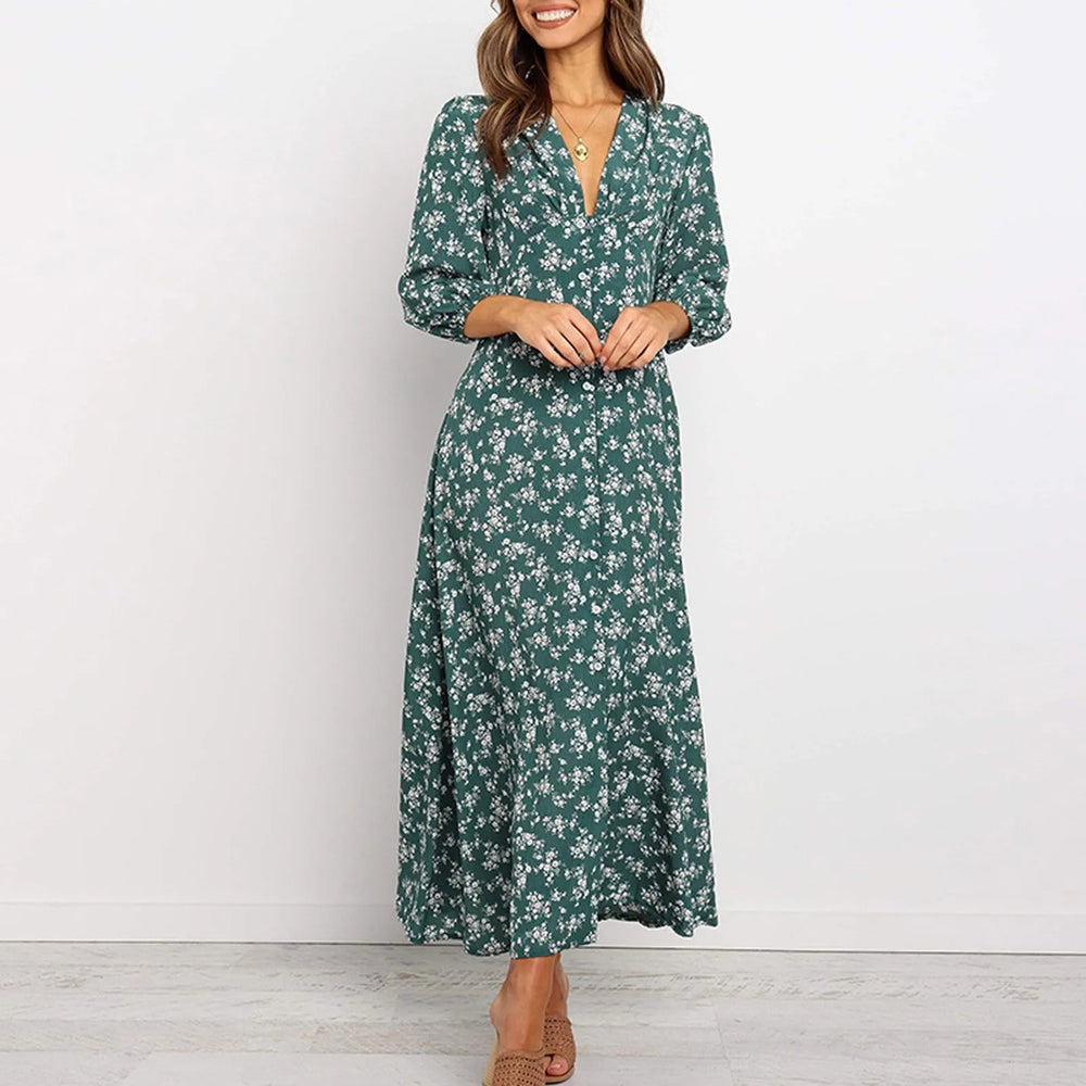 Marina Floral Midi Dress with Button-Front Placket