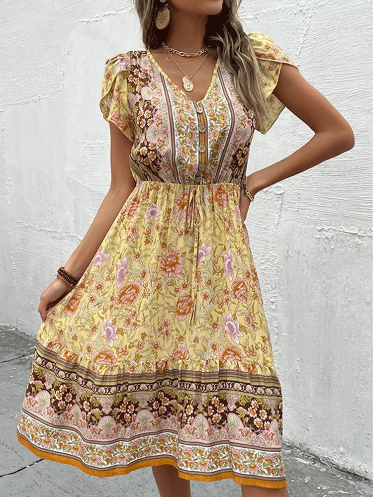 Celia Green Boho Floral Midi Dress