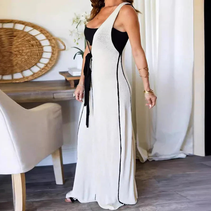 Contrast-Trim Knit Maxi Dress with Bow for Summer