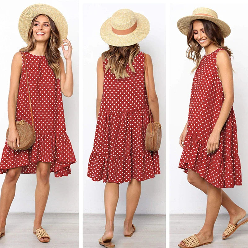 Roan Playful Polka-Dot Ruffle Chiffon Summer Dress