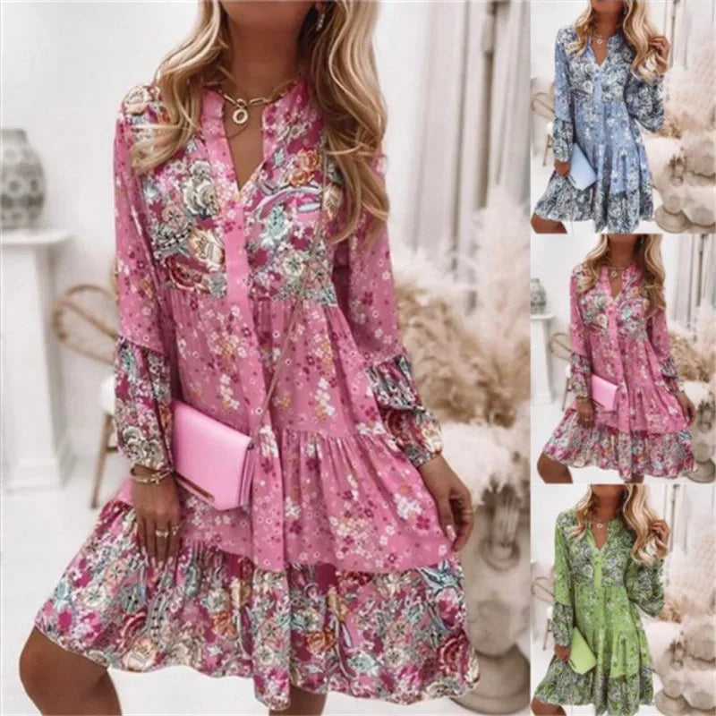Helena Floral A-Line V-Neck Dress for Summer Beach Days