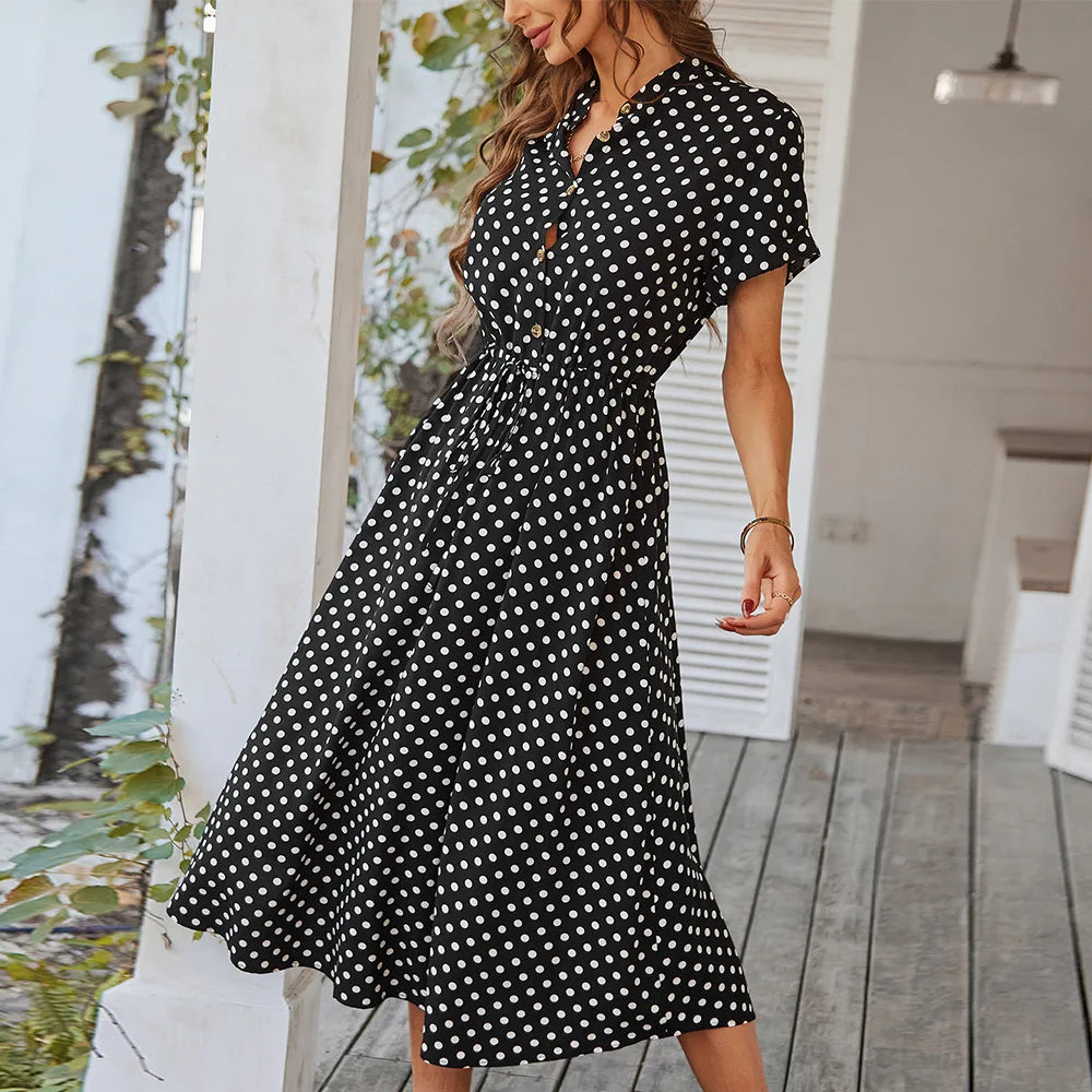 Dotarie Polka Dot Button-Down Midi Shirt Dress